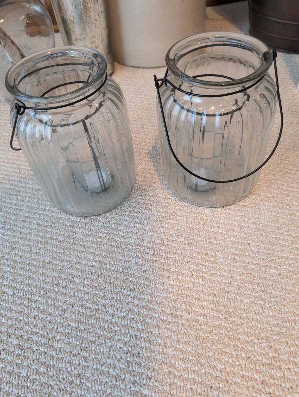 lot 2652 image: Glass Hanging Candle Holders with Wire Handles