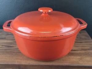 lot 3656 image: Orange Cast Iron Dutch Oven with Lid