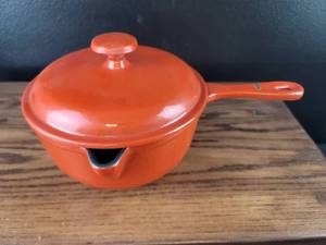 lot 3659 image: Orange Enameled Cast Iron Sauce Pan with Lid