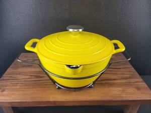 lot 3670 image: Yellow Enameled Cast Iron Dutch Oven with Chrome Stand