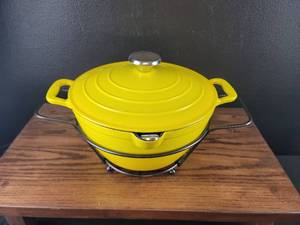 lot 3673 image: Yellow Enameled Cast Iron Dutch Oven with Chrome Stand