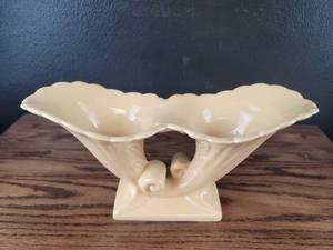 lot 3683 image: Cream Colored Ceramic Double Bowl with Scroll Design
