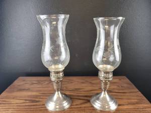 lot 3685 image: Pair of Hurricane Candle Holders with Etched Glass Shades