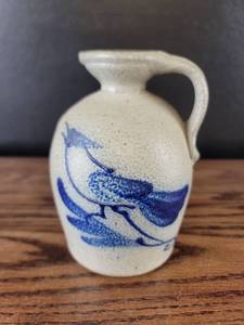 lot 3686 image: Handmade Stoneware Pitcher with Blue Decorative Pattern