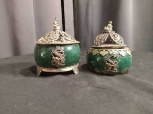 Chinese Jade and Silver Dragon Lidded Bowls
