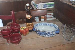lot 4084 image: Vintage Blue Baking Dish, Coffee Cups & More