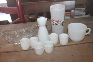 lot 4097 image: Sake Set, Cut Glass Relish Dish & More