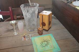 lot 4109 image: Vtg. Cut Glass Vase, Wood Candlestick Holder & More