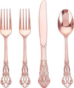 lot 45255 image: 40PCS Rose Gold Plastic Silverware - Heavy Duty Elegant Disposable Utensils - Rose Gold Plastic Cutlery set Includes 20Forks, 10Spoons, 10Knives for Dinner, Parties, Weddings - Retail $13