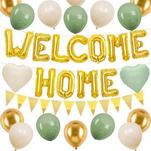 lot 45273 image: Welcome Home Decorations Green Gold, Gold Welcome Home Foil Balloon Banner with Sage Green White Heart Balloons Pennant Flag Bunting for Housewarming Baby Shower Home Family Party Supplies - Retail $15