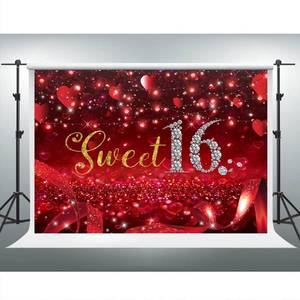 lot 45275 image: Sweet 16 Backdrops 7x5ft Red Love Heart Background for Girls Birthday Party Cake Table Decor Photo Shooting Photography Studio Props - Retail $20