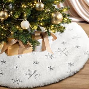 lot 45316 image: Faux Fur Christmas Tree Skirt with Silver Sequin Snowflakes 30 Inch White Plush Skirt Fluffy Soft Double Layer Small Tree Mat Base Cover for Merry Christmas Party Holiday Xmas Tree Decorations - Retail $13