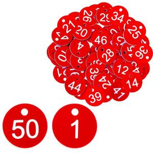 lot 45344 image: 1-49 Number Tags, Plastic ID Number Hang Tags with Hole, Engraved Round Numbered Marking Identification Tags, Key Box Cabinet Organized Coding Tag(Red) - Retail $7