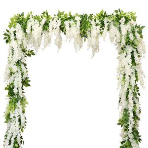 lot 45378 image: Wisteria Artificial Flowers Garland, 4Pcs 7.2FtPiece Silk Fake Wisteria Vine Kit, Hanging Flower for House Outdoor Garden Ceremony Outside Wedding Arch Floral Decor (4, White) - Retail $30