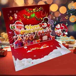 lot 45407 image: 3D Pop Up Cards with Light and Music Recordable Card Gifts with LED Twinkle Santa, Snowman Lights Includes Envelop, Playing-Merry Christmas Song - Retail $8