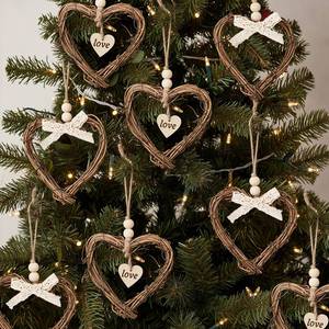 lot 45421 image: Valentines Day Tree Decorations 8pcs Vintage Rattan Heart Tree Ornaments with White Bowknots & Wood Beads, Rustic Love Heart Valentines Day Decor for Home Office Wedding - Retail $19