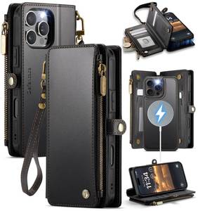 lot 45428 image: iPhone 16 Pro Max Magnetic Wallet Case Compatible with Magsafe with RFID Blocking Zipper Strap Card Holder for Women Men PU Leather Detachable Case for iPhone 16 Pro Max (6.9), Black - Retail $33