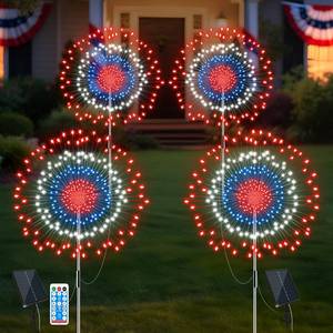 lot 45433 image: 4th of July Decorations Firework Solar Lights Outdoor, 8 Modes & Timer Remote Red White and Blue Patriotic Lights with 180 LED for Garden Yard Patio Pathway Lawn Fourth of July Decor( 2 Pack) - Retail $16
