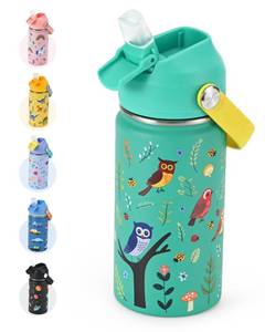 lot 45434 image: Kids Water Bottle 14oz with Silicone Straw Lid - Insulated Toddler Water Bottle Stainless Steel Keeps Cold 24H, Leak Proof & Birds Prints Design Custom Name Tag for School, Daycare, Travel - Retail $20