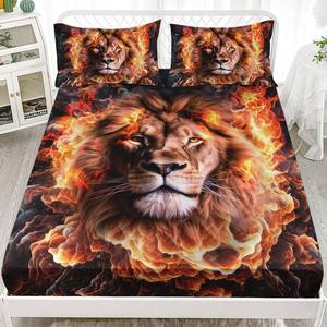 lot 45435 image: 3D Fire Smoky Lion Pattern Fitted Sheet Set Twin Size - 3 Pieces Animal Print Bed Sheet Set for Boys Girls (1 Fitted Sheet, 2 Pillowcases) - Retail $30