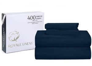 lot 45440 image: ROYALE LINENS 400 Thread Count 100% American Grown Cotton 4 Piece Sateen Full Sheet Set - 1 Fitted Sheet, 1 Flat Sheet, 2 Pillowcase - Navy Full Bedsheet - Cotton Sheets - (Full, Rivera Navy)