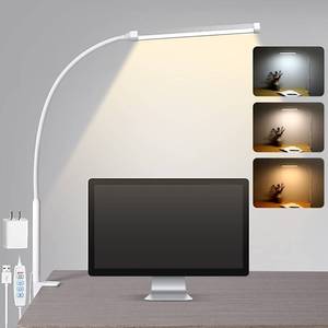 lot 45444 image: LED Desk Lamp with Clamp, Eye-Caring Clip on Lights for Home Office, 3 Modes 10 Brightness, Long Flexible Goose-Neck, Metal, Swing Arm Architect Task Table Lamps with USB Adapter, White - Retail $23