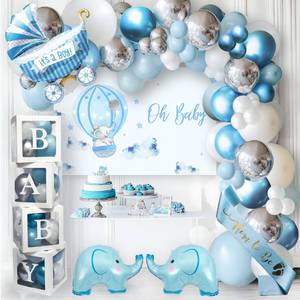 lot 45458 image: Vidal Crafts 139 PCs Elephant Baby Shower Decorations Boy, Themed Baby Boy Shower Decorations, Complete Party Kit with Elephant Backdrop, Balloon Garland, BABY Boxes & Mom to Be Sash - Retail $24