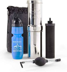lot 45464 image: Go Water Filter Kit with 1 Qt. Berkey Gravity Fed Water Filter System, Sport Bottle and Black Primer - Retail $234