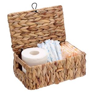 lot 45466 image: Storage Basket with Lid, Water Hyacinth Shelf Baskets for Organizing, Farmhouse Bathroom Woven Bins for Tampons and Pads, Toilet Paper, Towels, Decorative Organizer Box for Counter, Vanity (S) - Retail $17