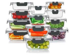 lot 45472 image: 24 Pieces Glass Food Storage Containers Set, Meal Prep Containers-Stackable Airtight Glass Storage Containers with Lids, Freezer, Microwave, Oven Safe, Gray - Retail $40