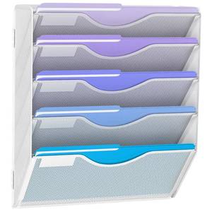 lot 45477 image: 5 Tier Hanging Wall File Organizer, Mesh Mail Paper Organization Hanging File Folder Holder for Home Office, White - Retail $34