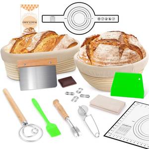 lot 45479 image: Large Sourdough Bread Baking Supplies, 10 Inch Round &12 Oval Banneton Bread Proofing Basket, Sourdough Starter Kit for Making Baking Fermentation - Retail $27