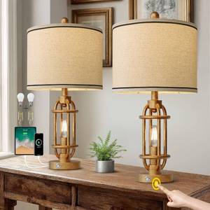 lot 45488 image: 23.75 Table Lamps Set of 2 for Living Room Bedroom Industrial Farmhouse Metal Touch Lamps with USB AC Ports, Night Light Vintage Nightstand Bedside Lamp, Antique Gold. SEVERAL SCUFFS and NO SHADE. - Retail $100