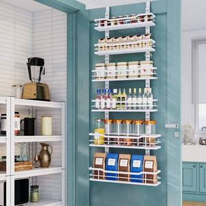 lot 45489 image: Over The Door Pantry Organizer 6-Tier Over The Door Organizer with Adjustable Basket Metal Hanging Pantry Organizers and Storage for Kitchen, Back of Door Seasoning Rack (White) - Retail $43