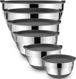lot 45494 image: Chef Mixing Bowls with Airtight Lids 6-piece Stainless Steel Metal Nesting Storage Bowls, Non-Slip Bottoms Size 7, 3.5, 2.5, 2.0,1.5, 1QT, Great for Mixing & Serving(Grey) - Retail $40