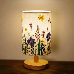 lot 45495 image: Dried Flowers Table Lamp, Floral Beside Lamp, Cute Vintage Linen Shade Desk Lamp for Bedroom Office with Wood Base - Retail $23