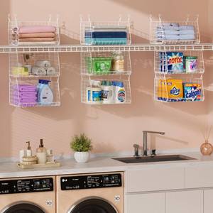 lot 45496 image: 3-Tier Hanging Laundry Basket Organizer Foldable Wire Shelf Laundry Room Organizer with 360°Rotating Hooks Small Space Solutions Pantry Baskets - Laundry Organization - Retail $36