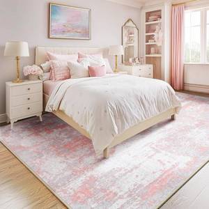 lot 45497 image: Washable Area Rugs 5x7 Non-Slip Modern Abstract Soft for Living Room Entryway Bedroom Nursery, Print Pattern, Grey Pink - Retail $40