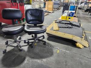 lot 6091 image: Black Leather Office Chairs with Rolling Casters and Safety Mats