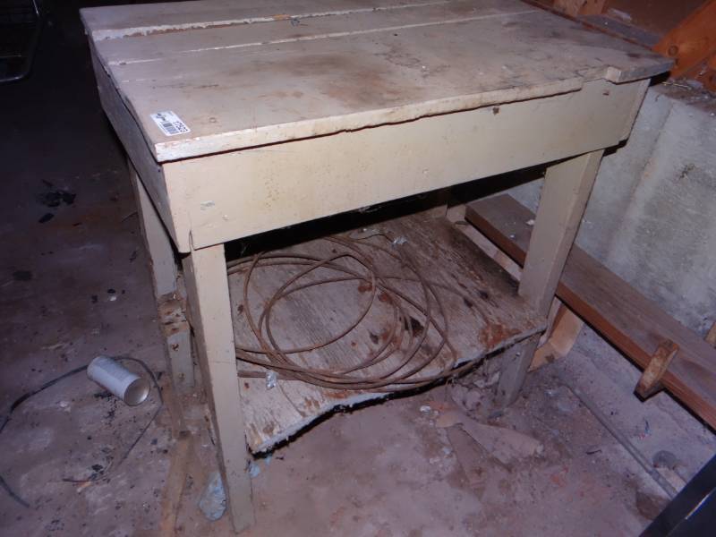 lot 17523 image: Small wooden table wmetal cable.