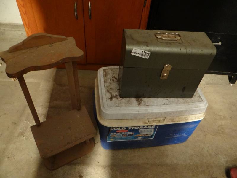 lot 17545 image: Cooler, metal box, & wooden wall shelf.