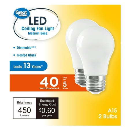 lot 6682 image: Great Value LED Ceiling Fan Bulb 5W (40W Equivalent) Soft White A15 with E26 Base Dimmable  2 Pack CA