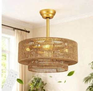 Boho Fandelier Ceiling Fan with Light: 4-Lights Hand Woven Rattan Chandelier with DC Reversible,6 Speeds, 3CCT - Farmhouse Caged Ceiling Fan for Bedroom, Living Room, Kitchen, Nursery, Island - Retail: $415