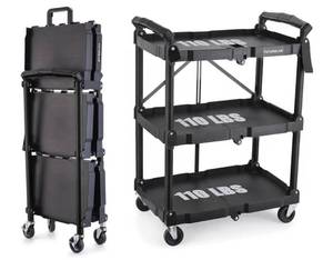 lot 13945 image: FUTURELAB Portable Folding Service Cart - 3 Tier 330LBS Capacity - Rolling Utility Foldable Cart with Wheels for Warehouse Home Workshops Garages Restaurants Offices - Retail $66