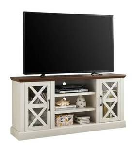 lot 15355 image: Mainstays Farmhouse TV Stand for TVs up to 70, off-WhiteWalnut - Retail $122