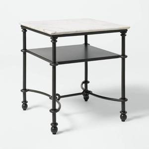 lot 15372 image: Metal and Marble Accent Table with Shelf White Carrara MarbleDark Bronze - Threshold designed with Studio McGee Fully Assembled - Retail $150