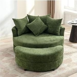 Oversized Swivel Accent Barrel Chair with Storage Ottoman+4 Pillows, Modern Upholstered Comfy Sofa Chaise Leisure Round Lounge Chair for Living Room/Bedroom (49in Green Chenille) - Retail: $646