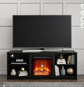 lot 30603 image: Mainstays Fireplace TV Stand for TVs up to 65, Black Oak - Retail $184