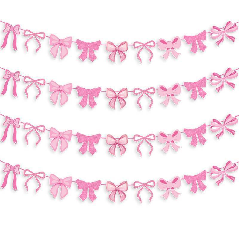 lot 9138 image: Pink Bow Garland Banner, 4Pcs Pink Bow Banner Bow Birthday Party Decorations