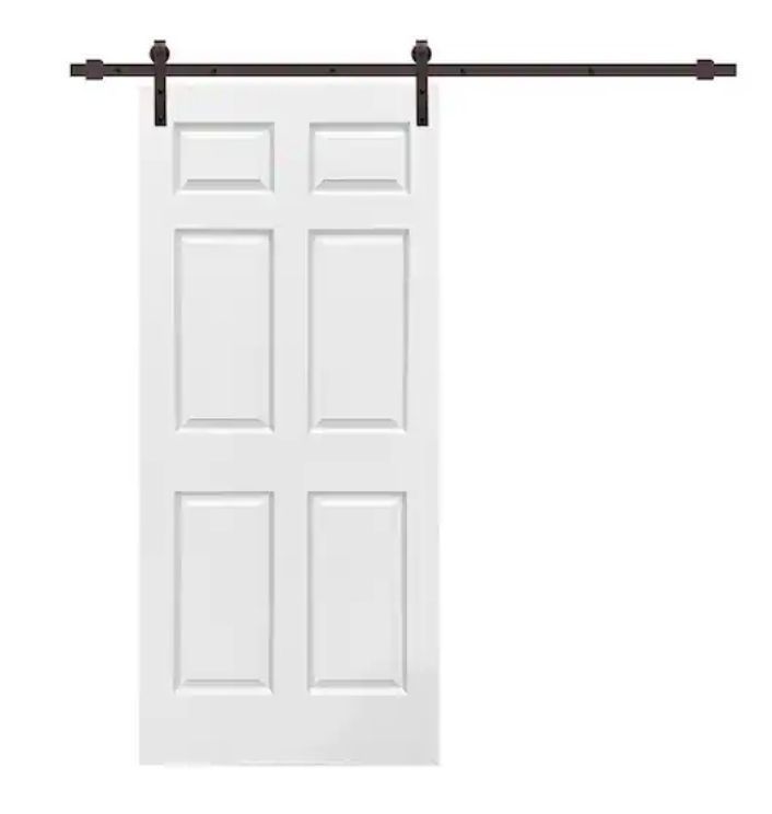 lot 6657 image: 36 in. x 80 in. White Primed MDF 6 Panel Interior Sliding Barn Door with Hardware Kit - Retail $400